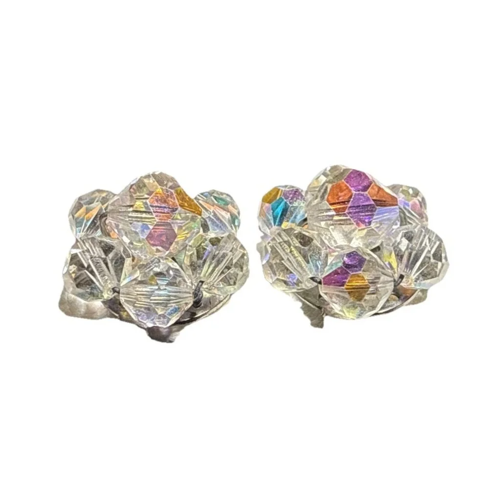 Vintage AB Beaded Cluster Clip On Earrings J15-5